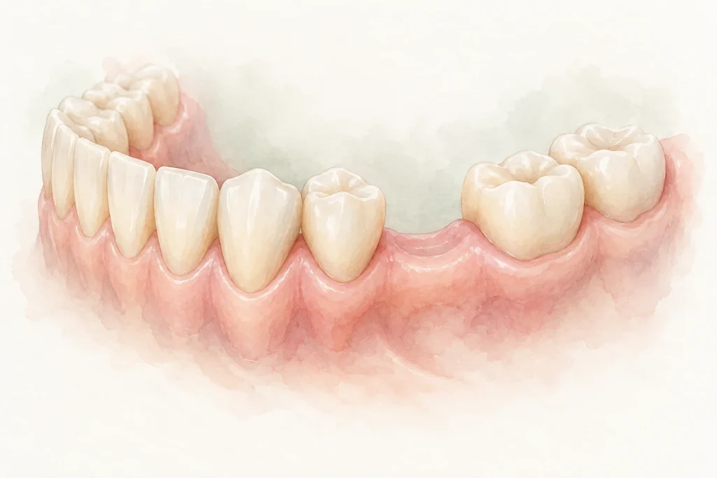 Watercolour dental arch with one missing tooth and a smooth, healed gum ridge