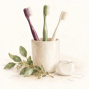 Watercolour illustration of toothbrushes and dental floss