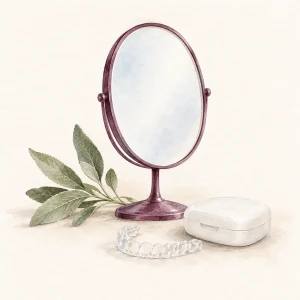 Watercolour mirror, aligner and case with botanical leaves