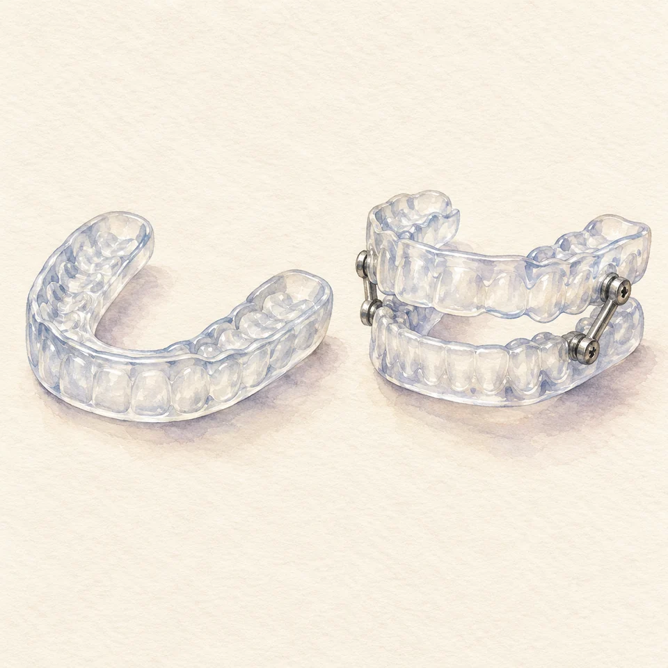Watercolour illustration of a clear single-arch night guard and a two-part mandibular advancement appliance