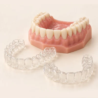 Clear orthodontic aligner trays beside a dental teaching model