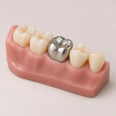 Teaching model showing a shiny metal crown on a back tooth