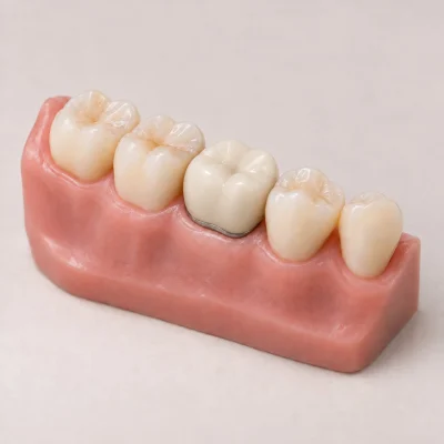 Teaching model showing a porcelain-bonded-to-metal crown with a thin metal collar