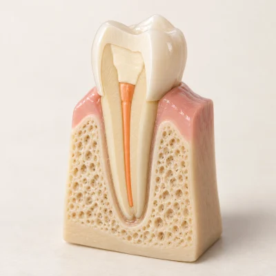 Sectioned teaching model showing a sealed root canal and a protective tooth-coloured crown