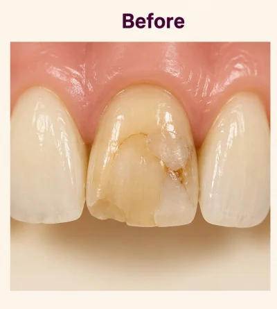 Veneer stage one: teaching model showing a worn front tooth with old stained composite repairs