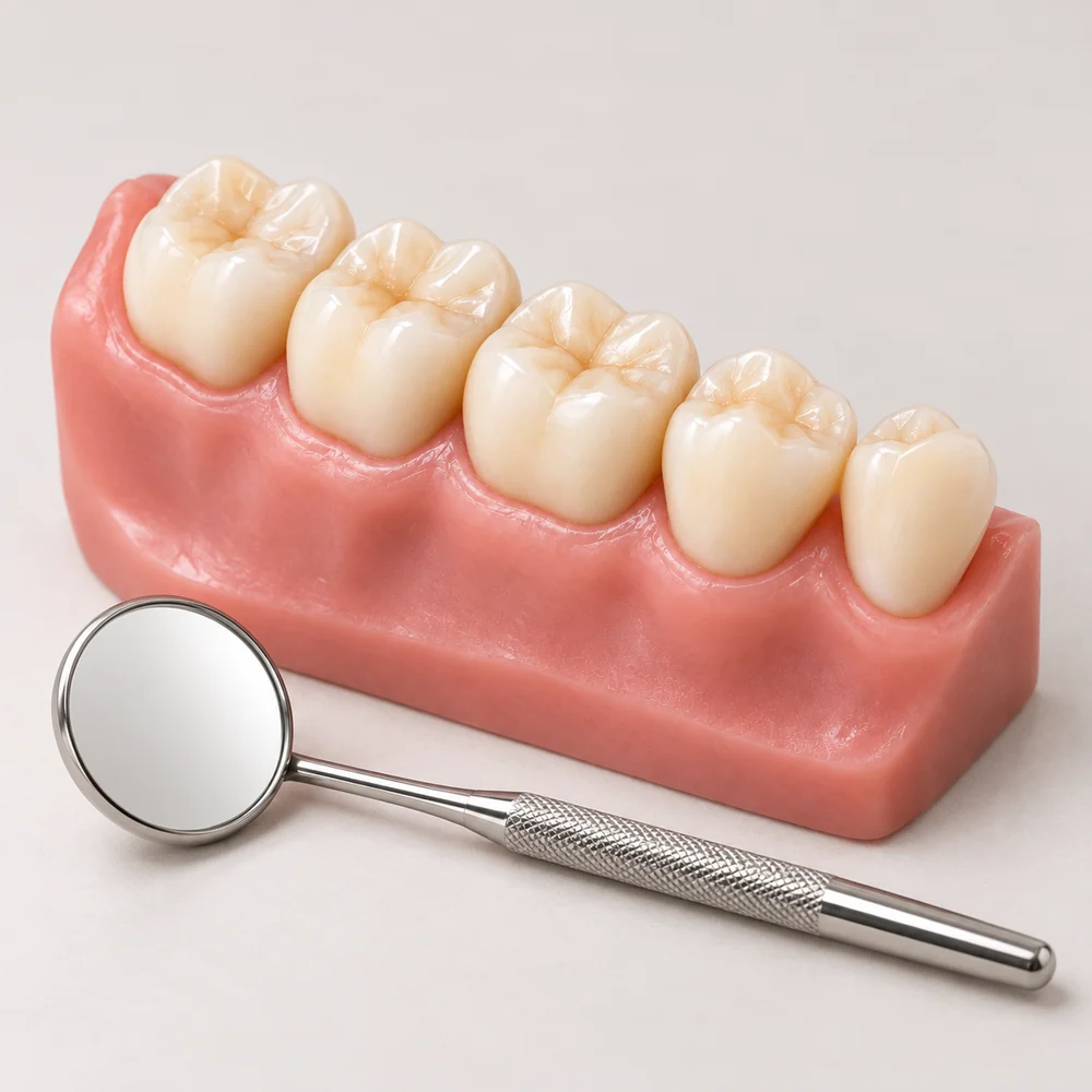 Dental teaching model of healthy teeth and gums with a stainless-steel examination mirror