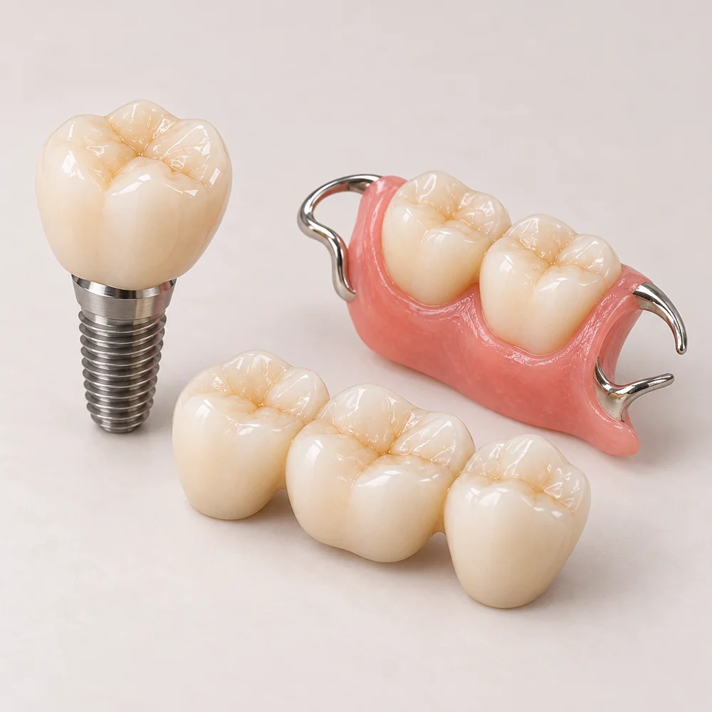 Dental teaching models of an implant-supported tooth, three-unit bridge and removable partial denture