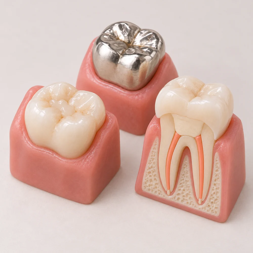 Dental teaching models showing a tooth-coloured filling, polished metal crown and sealed root canals